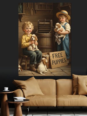 Artmeg Köpek Satan Çocuklar Resim Dekoratif Kanvas - Mdf Ahşap Tablo