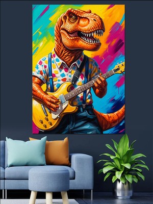 Artmeg Gitar Çalan Renkli Dinozor Dekoratif Kanvas - Mdf Ahşap Tablo