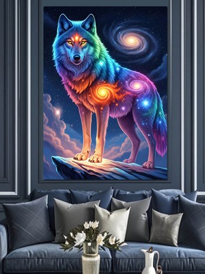 Artmeg Uzay Temalı Kurt İllüstrasyonu Dekoratif Kanvas - Mdf Ahşap Tablo