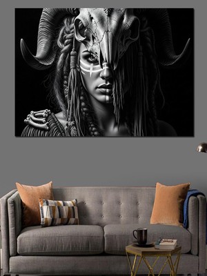 Artmeg Boynuzlu Gotik Kadın Dekoratif Kanvas - Mdf Ahşap Tablo