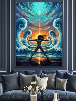 Artmeg Denizde Yoga Yapan Silüet Dekoratif Kanvas - Mdf Ahşap Tablo