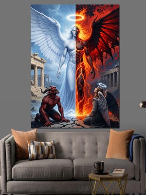 Artmeg Melek ve Şeytan Savaşı Dekoratif Kanvas - Mdf Ahşap Tablo