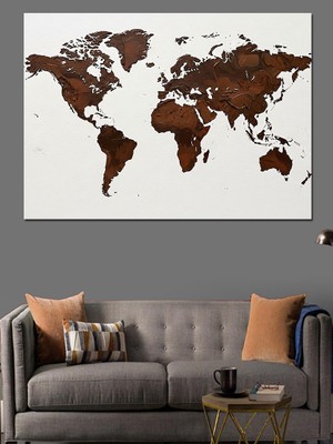 Artmeg Kahverengi Temalı Dünya Haritası Dekoratif Kanvas - Mdf Ahşap Tablo