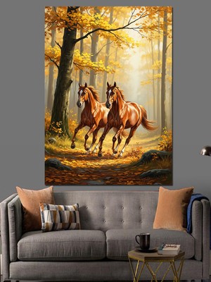 Artmeg Sonbaharda Koşan Atlar Resmi Dekoratif Kanvas - Mdf Ahşap Tablo