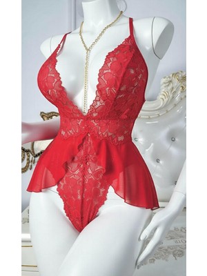 Nightlight Kırmızı Dantelli Etekli Fantazi Body Gecelik - Transparan Şifon Detaylı Babydoll - 3597