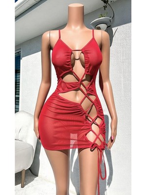 Nightlight Kadın Kırmızı Yanı Ipli Pencereli Mini Elbise Fantezi Gecelik - 3606