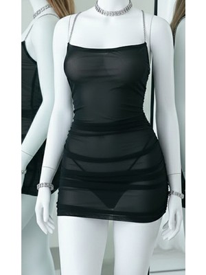 Nightlight Kadın Siyah Transparan Tül Gecelik - Zincir Askılı Sırt Dekolteli Mini Elbise Fantezi Giyim - 7054