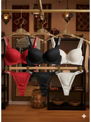 İnspira Lingerie Dantelli Kaplı Askısı Taşlı Balenli Destekli Dolgulu Push Up Sütyen Takımı Iç Çamaşırı Takımı