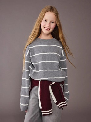 LC Waikiki Bisiklet Yaka Çizgili Kız Çocuk Triko Kazak  (W5)