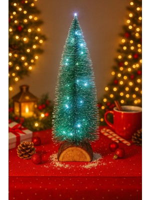 Ecuy Dekoratif Masa Üstü Işıklı Yılbaşı Ağacı Ahşap Tabanlı Kar Taneli Yeni Yıl Ağaç 3 Mod Beyaz Işıklı