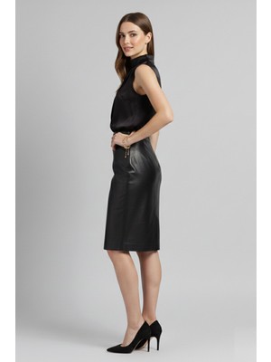 Siyah Kadın Kalem Hakiki Deri Etek