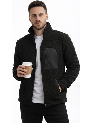 Polo State Erkek Dik Yaka Fermuarlı Peluş Ceket Siyah