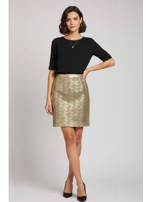 Deriderim Çiçekli Yaldız Kadın Deri Etek