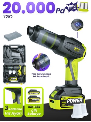 7go 7gab-03 Kablosuz Araç Içi Süpürge | 20.000PA Güçlü Emiş | 90.000RPM Fırçasız Motor | 25.000MAH Uzun Ömürlü Batarya | Üfleme & Vakum 2’si 1 Arada