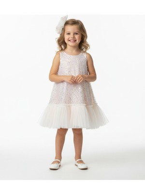 Butik Happy Kids Kız Çocuk Pudra Işıltılı Payetli Tüllü Elbise - Astarlı, Saç Tokası Hediyeli  4-8 Yaş