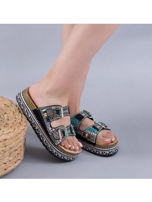 Bags Shoes Guja 25y103 Kadın Yüksek Mantar Taban Taşlı Çift Bant Terlik