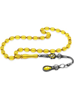 Tesbihane 1000 Ayar Gümüş Kazaz Püsküllü Arpa Kesim Sarı Ateş Kehribar Tesbih