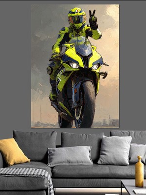 Artmeg Yeşil Yarış Motosikleti Sürücüsü Dekoratif Kanvas - Mdf Ahşap Tablo