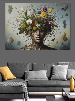 Artmeg Çiçek Başlı Kadın Portresi Dekoratif Kanvas - Mdf Ahşap Tablo