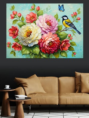 Artmeg Vintage Çiçek ve Kuş Dekoratif Kanvas - Mdf Ahşap Tablo