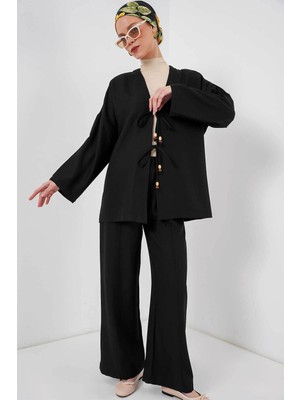 Bigdart Keten Kimono Siyah Kadın Alt-Üst Takım 6727