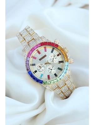 Getittir Clariss Trend Gold Metal Kordonlu Zirkon Taş Kaplama Renkli Taşlı Kasa Tasarımlı Lüx Kadın Kol Saati ( Lisinya )