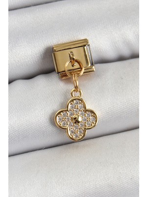 E-Woman 316L Çelik Sallantılı Zirkon Taşlı Yonca Model Gold Renk Nomination Charm - Lisinya