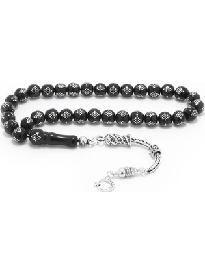 Tesbihname 925 Ayar Gümüş Püsküllü Gümüş Baklava Deseni Işlemeli Rus Oltu Tesbih