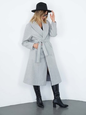 Cemo Şal Yaka Kuşaklı Kaşe Kaban