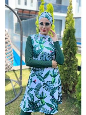 Tasarım Tam Kapalı Tesettür Mayo Remsa Mayo Yeşil Yapraklar