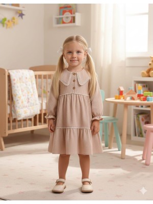 Serkon Bej Kadife Dokuma Fisto Detaylı Kız Bebek Çocuk Elbise