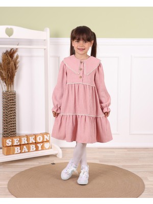 Serkon Gül Kurusu Kadife Dokuma Fisto Detaylı Kız Bebek Çocuk Elbise
