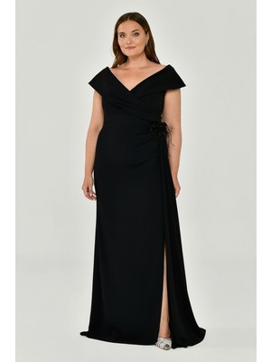 ALFABETA Alfa Beta V Yaka Yırtmaçlı Krep Uzun Abiye Elbise