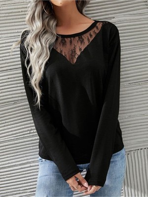 Kadın Uzun Kollu Geniş Yuvarlak Yaka Dantelli Viskon Iki Iplik Bluz
