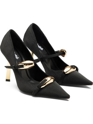 Dedos Kadın Yüksek Topuklu Çift Tokalı Sivri Burun Simli Saten Abiye Ayakkabı 305