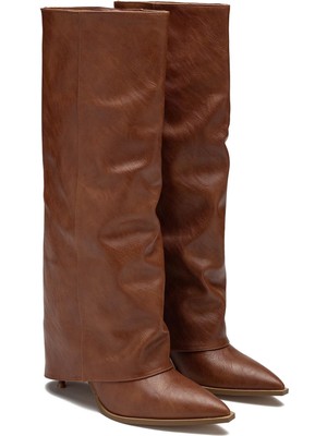 Dedos Kadın Diz Altı Günlük Sivri Burun Yüksek Topuklu Golf Detaylı Çizme 1405