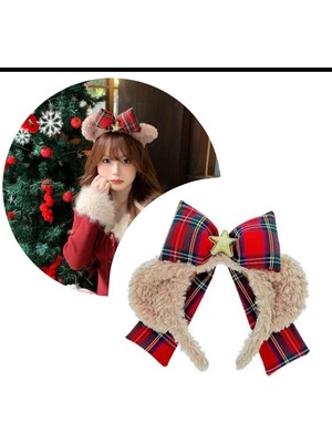 Bymiel Peluş Ayıcık Kulaklı Ekose Fiyonklu Kadın Taç – Yılbaşı & Günlük Kullanım