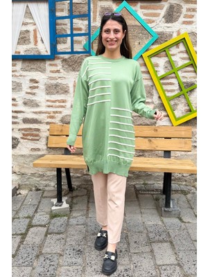 Asimetrik Çizgili Triko Tunik Kazak - Fıstık Yeşil