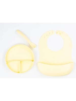 İlk El Grup Sarı 3’lü Silikon Yemek Seti – Önlük + Diş Kaşıyıcılı Kaşık + Vakumlu Tabak (IEG34)