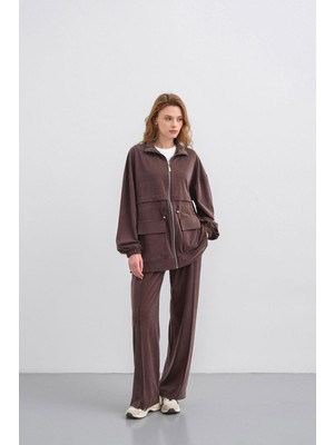 Basic Park Kahverengi Kadın Bel Lastik Detaylı Cepli Fermuar Kapamalı Oversize Modal Alt Üst Takım