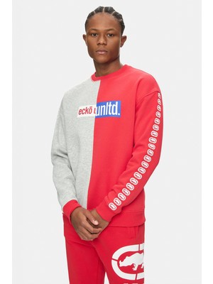 Ecko Unltd. Jefferson Kırmızı Gri Bisiklet Yaka Baskılı Oversize Erkek Sweatshirt