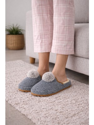 Wordex Pwr ET086 Ponponlu Sessiz Taban Yünlü Kışlık Kadın Ev Misafir Terliği