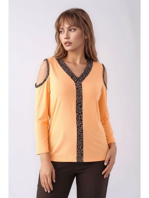 Mamayaga Kadon Omzu Açık Truvakar Kol Leopar Biyeli Rahat Kalıp Spor Şık Bluz