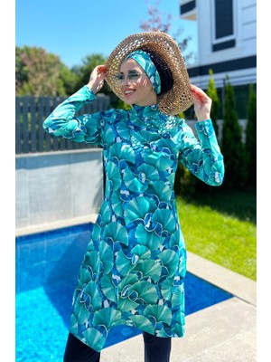 Remsa Mayo Remsa Tasarım Tam Kapalı Tesettür Mayo Koyu Lacivert Desenli Polyester Karışımlı Yazlık 5XL R039