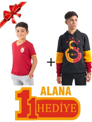Galatasaray Orijinal 5 Yıldız Siyah Sweatshirt Kırmızı Çocuk T-Shirt Hediyeli