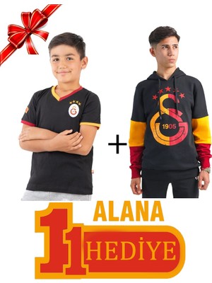 Galatasaray Orijinal 5 Yıldız Siyah Sweatshirt Siyah Çocuk T-Shirt Hediyeli