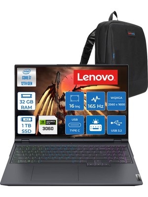 Lenovo Legion 5 Pro Intel Core I7 12700H 32GB 1tb SSD 6GB/RTX3060/140W 16" Wqxga (2560X1600) IPS 500NITS 165Hz Freedos Gaming Bilgisayar 82RF00N1TXF10 + Zettaçanta