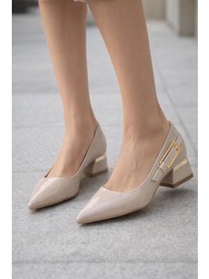 Preshley Kadın Elanor Bej Rugan Yandan Tokalı Kalın Topuklu Günlük Rahat Ayakkabı