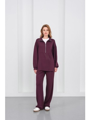 Mürdüm Kadın Premium Modal Kumaş Yarım Fermuarlı Oversize Alt-Üst Takım