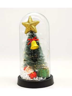 Hediye Sandalı Yılbaşı Temalı Işıklı Dekoratif Cam Fanus - Kar Küresi Efektli Mini Çam Ağacı ve Noel Baba Figürlü Cam Fanus  (21 Cm)